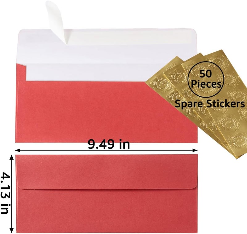 Wishop 50 Pack Shiny #10 Business Envelopes Self Seal Standard Envelopes with Gold Stickers for Office Checks, Business Cards, Letter Mailing Invoices, 4.13 x 9.49 Inches (Red) - Image 2